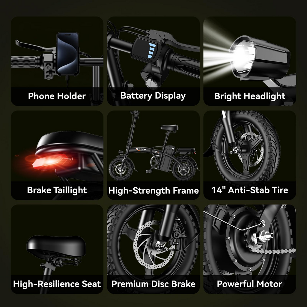 Foldable Electric Bike 14 Inch - Removable Battery & Lightweight - for Urban Commute, Campus, Public Transport - Freight Free