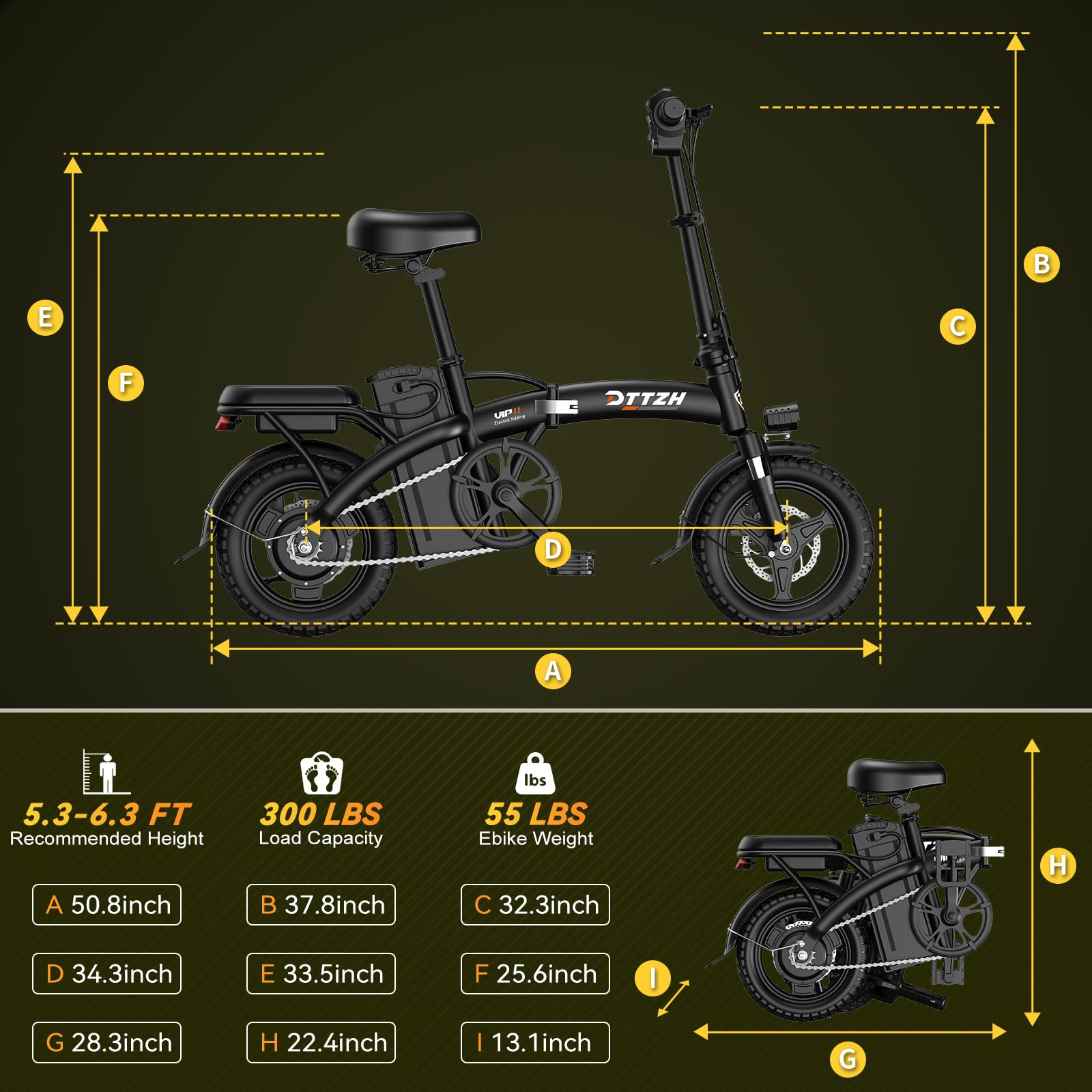 Foldable Electric Bike 14 Inch - Removable Battery & Lightweight - for Urban Commute, Campus, Public Transport - Freight Free